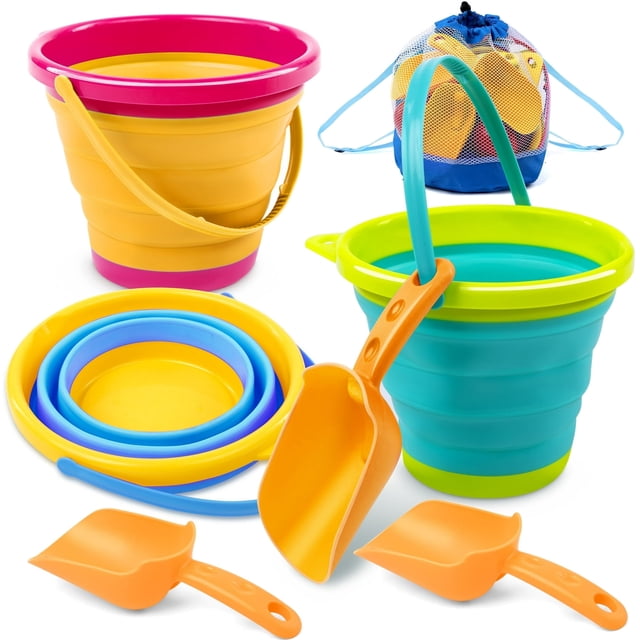 Joyfy Juego de 3 Cubos Plegables con Palas y Bolsa de Malla para Niños, para Playa, Pesca y Actividades Divertidas de Verano