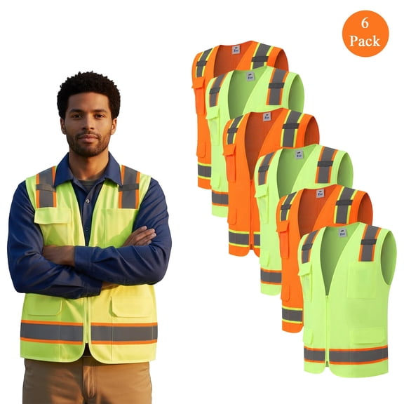 Zfeel Hi-Vis Reflective Poly Mesh Safety Vest, Men's 6 Pack Mix Color Multi Pocket Vest, S