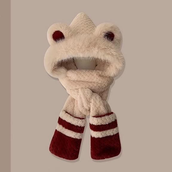 Women's Cone-Shaped Bear Ear Beanie with Attached Scarf, Plush Earmuff Hat with Long Scarf, Fuzzy Brim Winter Hat, Cute Animal Ear Knit Cap with Integrated Scarf Design - Beige