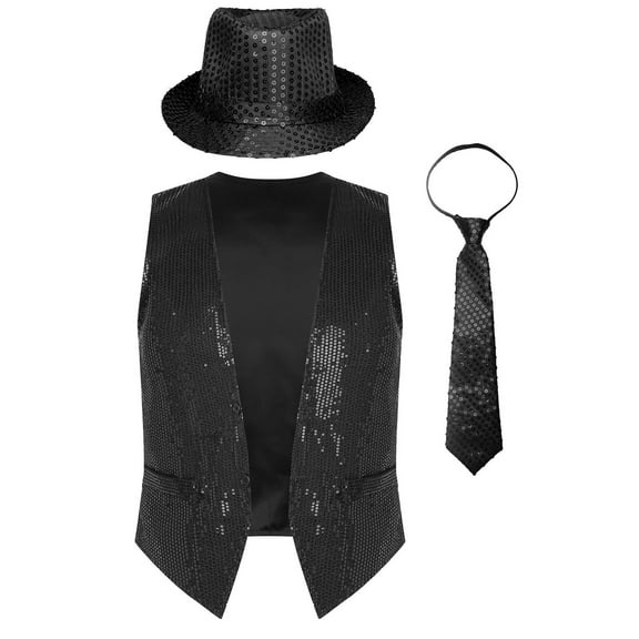 TiaoBug Men Women Sparkling Sequin Sleeveless Waistcoat Vest Hat Necktie for Disco Theme Party Black XL