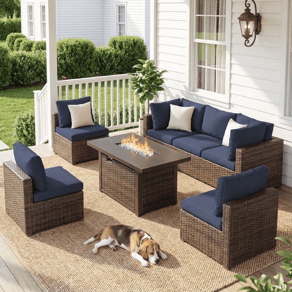 TANGJEAMER 7 Piece Patio Furniture Set with Fire Pit Table, All Weather Outdoor Sectional PE Rattan, Patio Conversation Sets with Cushions  for Garden Lawn Balcony(Blue)