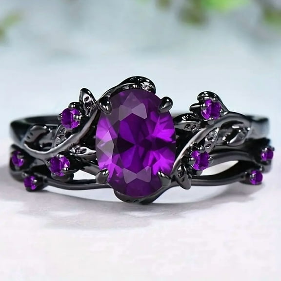 Divine_creation 2.00 Ct Oval Cut Purple Amethyst Womens Wedding Bridal Ring Set 14K Black Gold Plated 925 Sterling Silver -8.5