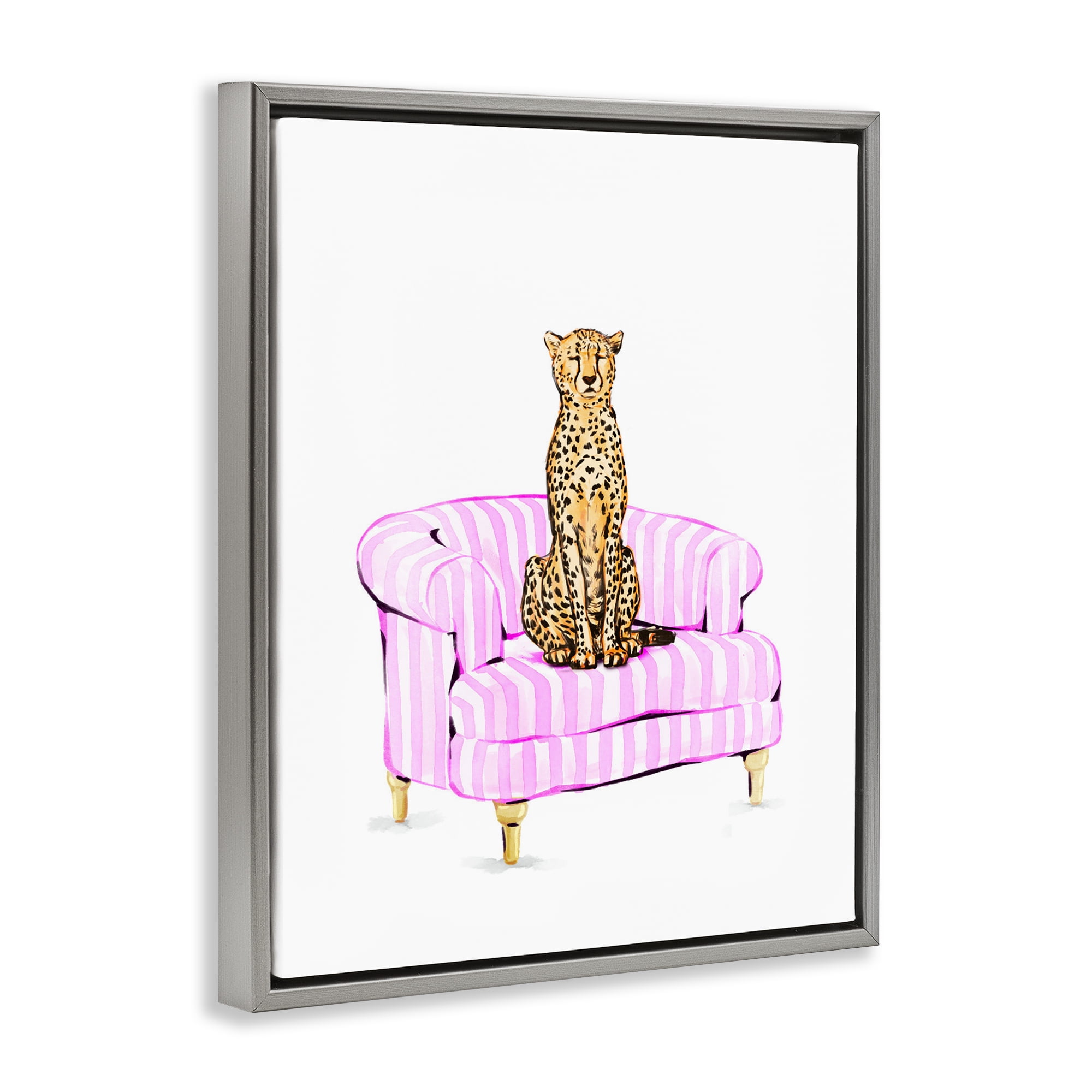 Cheetah on Pink Stripe Chair Gray Framed Floater Canvas Wall Art, design by Ziwei Li