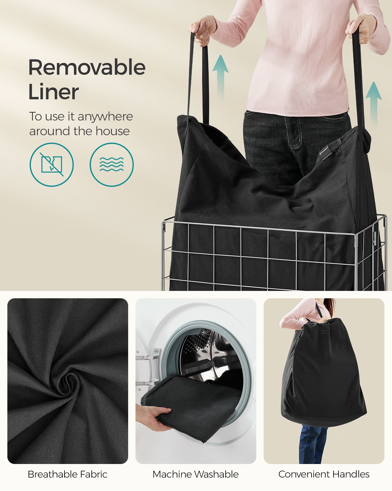 110L Laundry Hamper Laundry Basket Collapsible Clothes Hamper Removable and Washable Liner for Bedroom Bathroom Silver and Classic Black