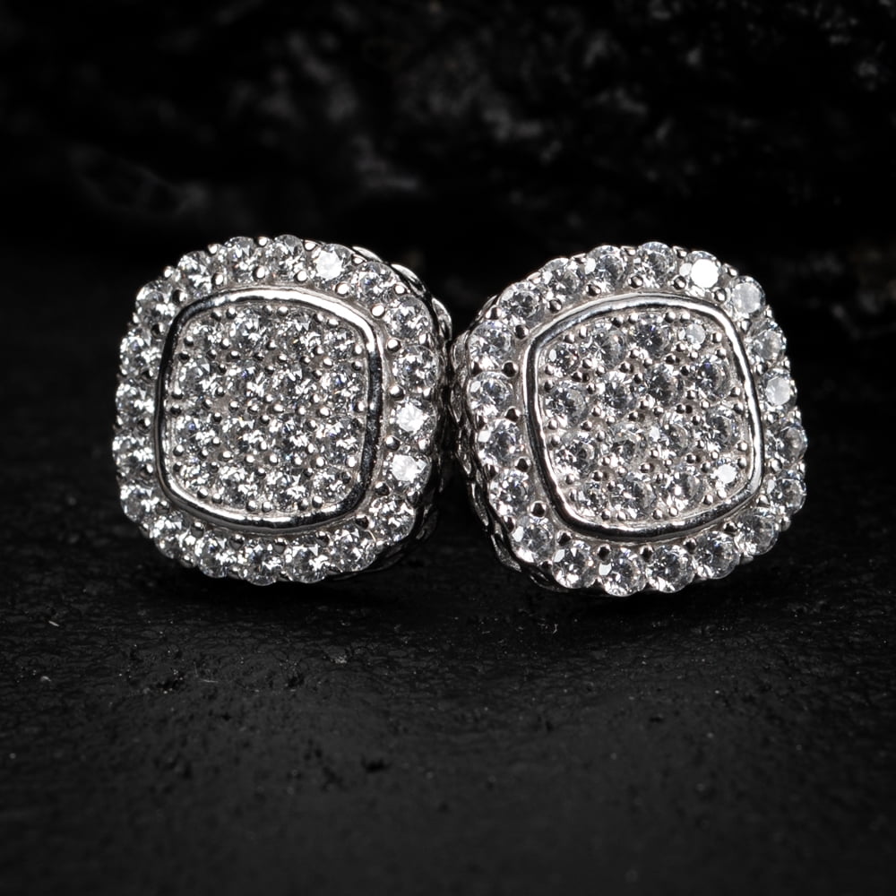 Men's 925 Sterling Silver Iced Cz Flower Set Cluster Cz Stud Screw Back Earrings