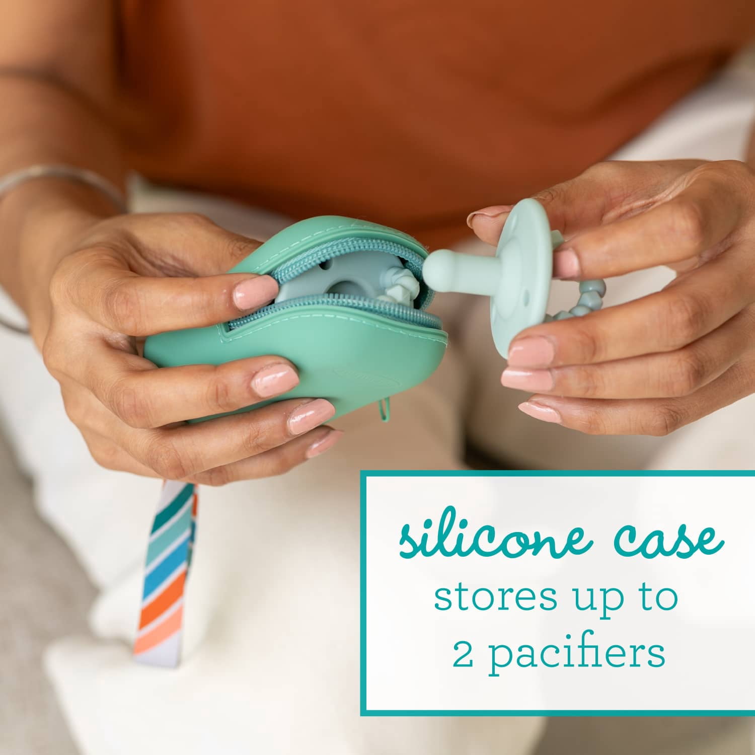 Infantino PaciPod - Premium Silicone Pacifier Holder, Attaches to Stroller or Diaper Bag, Stores up to 2 Pacifiers, Easy to Clean, Unisex, Sage