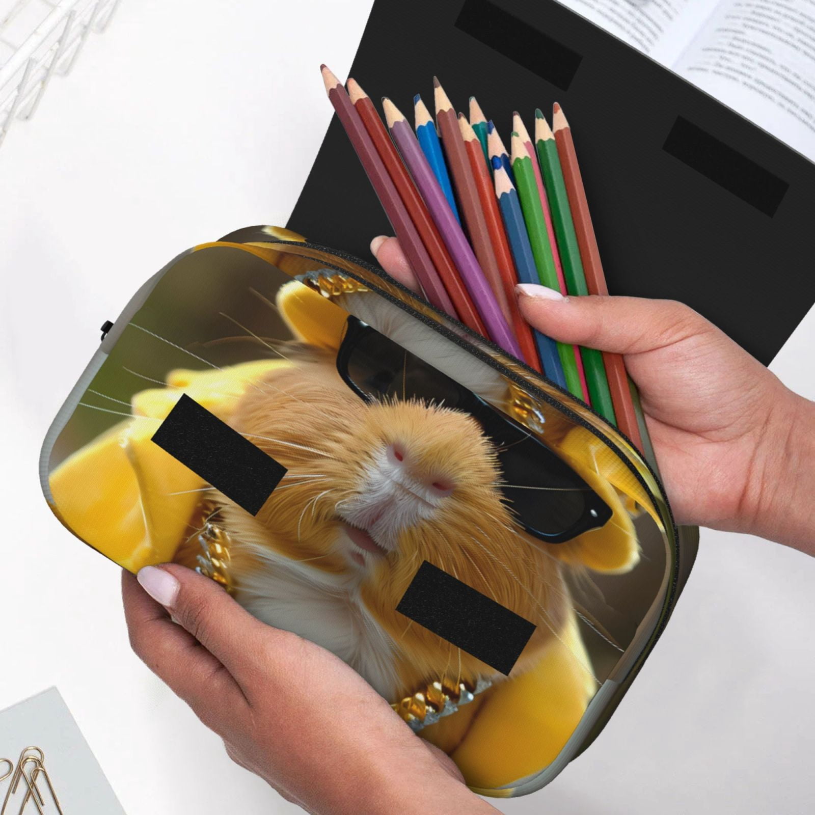 Rateoe Heavy Metal Style Guinea Pig Pattern Double Clamshell Pen Case, Storage Organizer with Two Zipper Compartments– Holds Up to 50 Pencils & Pens