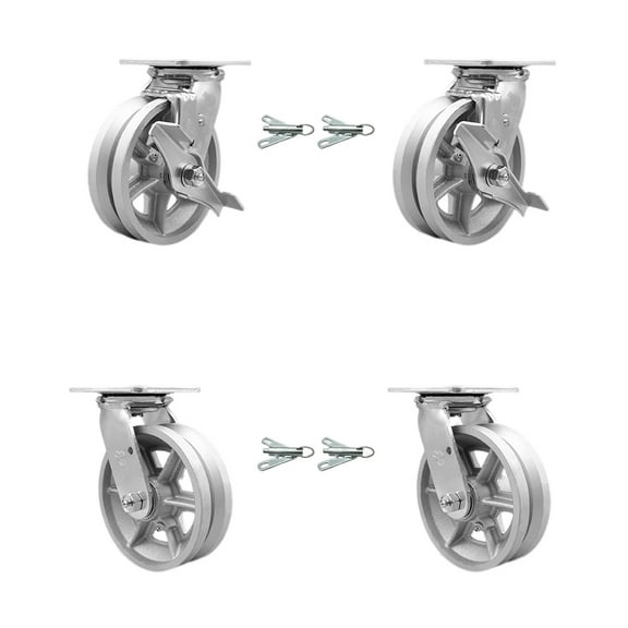 6 Inch V Groove Semi Steel Caster Set with Ball Bearings 4 Swivel Lock 2 Brake