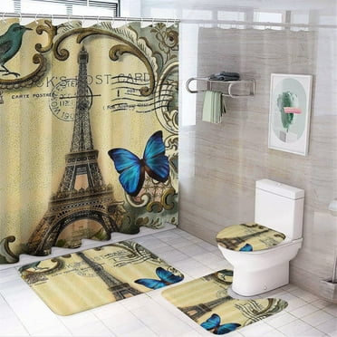 4Pcs Vintage Paris Eiffel Tower Shower Curtain Sets Bathroom Set Decor with Non-Slip Rugs Bath U-Shaped Mat Toilet Lid Cover