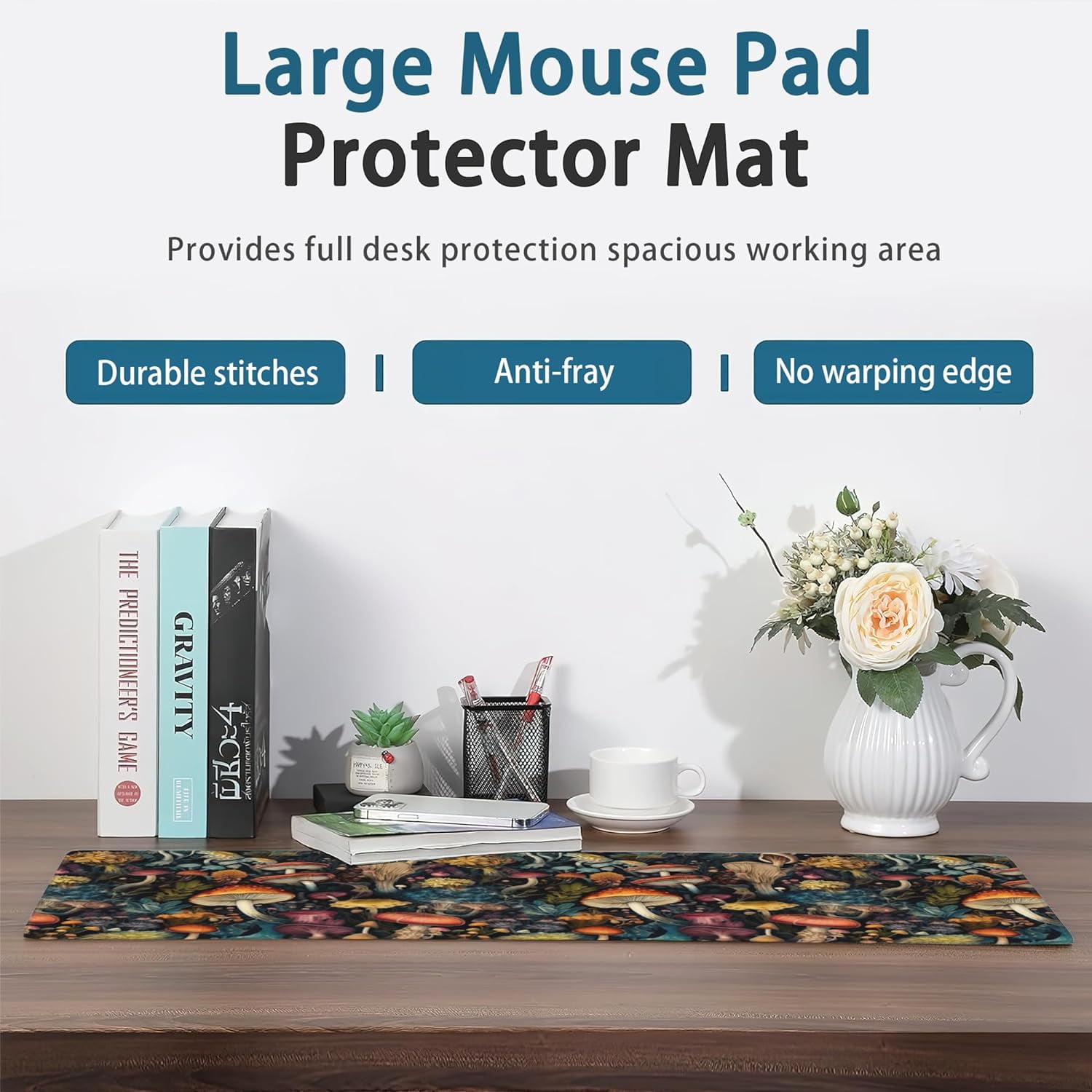 Mushrooms Desk Mat, Vintage Mushroom Floral Extended Gaming Mouse Pad Large, Big Desk Mat with Non-Slip Base and Stitched Edge, Long Computer Keyboard Mouse Mat for Home Office Work 31.5"x15.7"
