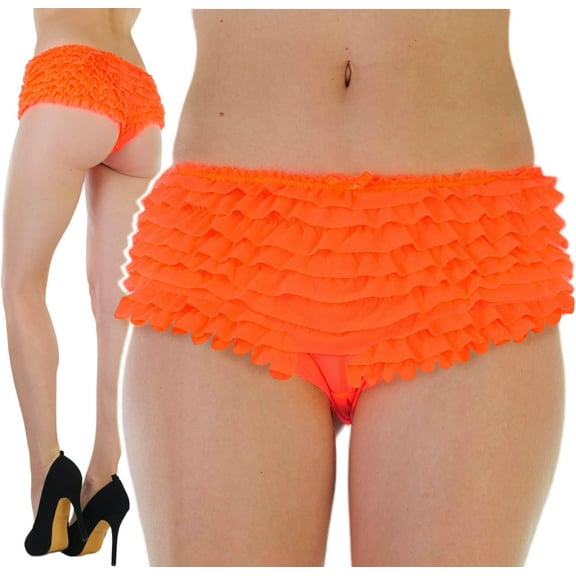 ToBeInStyle Womens Chiffon Ruffle Lace Trim Polyester Blend Booty Shorts - Neon Orange