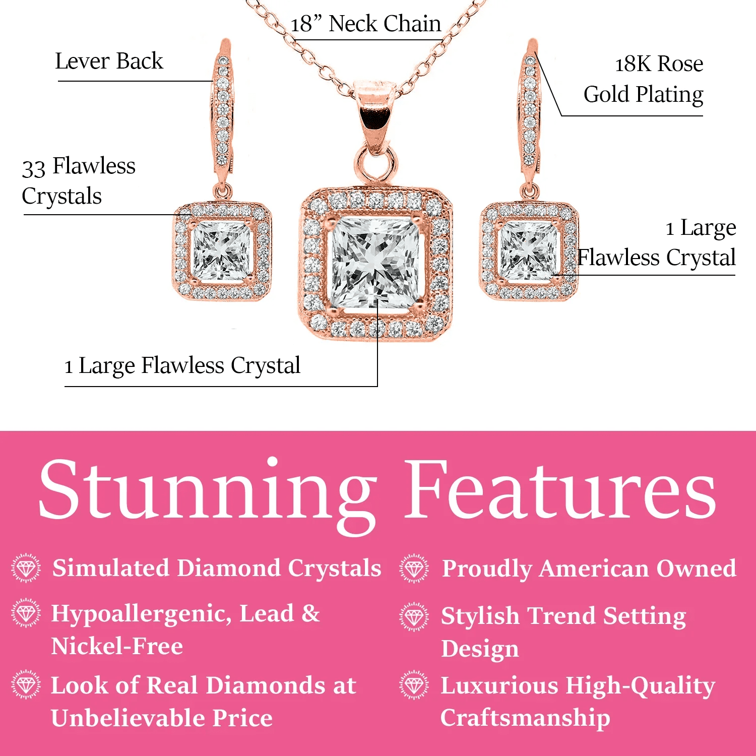 Cate & Chloe Ivy 18k Rose Gold Plated Jewelry Set with Simulated Diamond Crystals Gift for Women