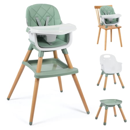 AILEEKISS 7 in 1 Wooden Baby High Chair for Toddler Infant Feeding Chair with Removable Tray Green