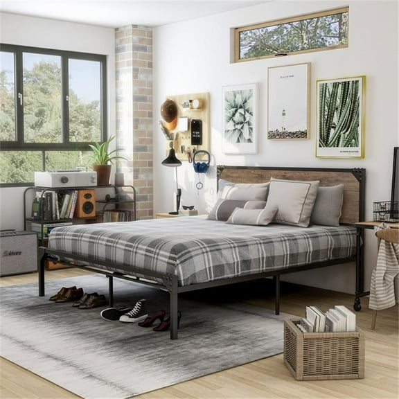 FOA Budenholz Brown Metal Queen Platform Bed with 12" Memory Foam Mattress
