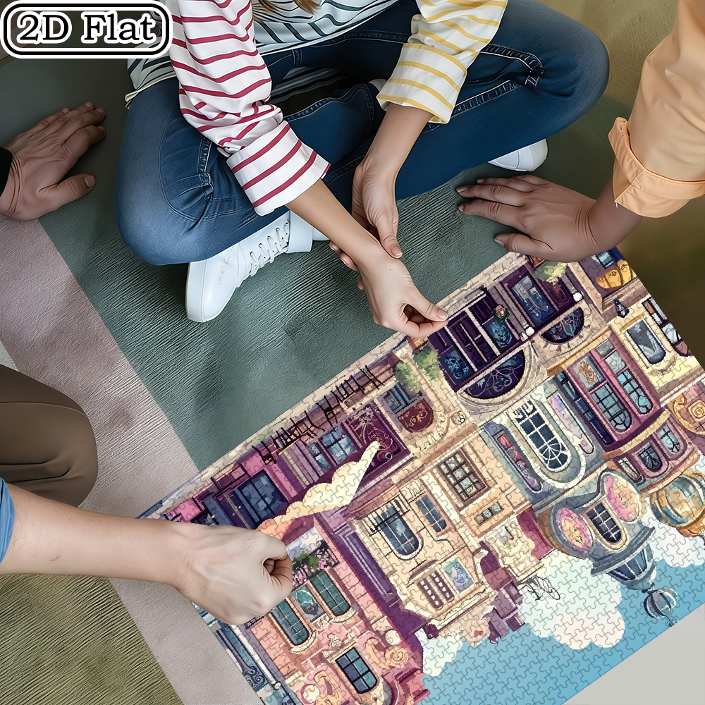 A set of 1000 intricate "colorful European street scenes" jigsaw puzzles, suitable for adults and playable by multiple players.
