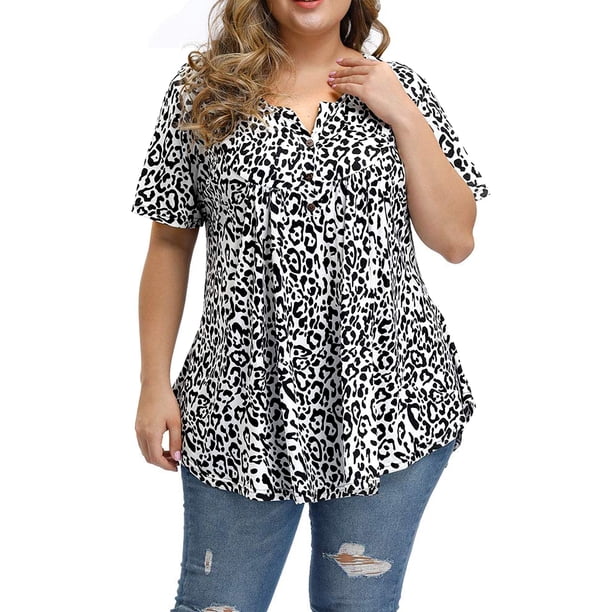 Plus Size Women's Floral Tunic Top – Short Sleeve Henley Blouse With Pleated Hem, Sizes M-4XL