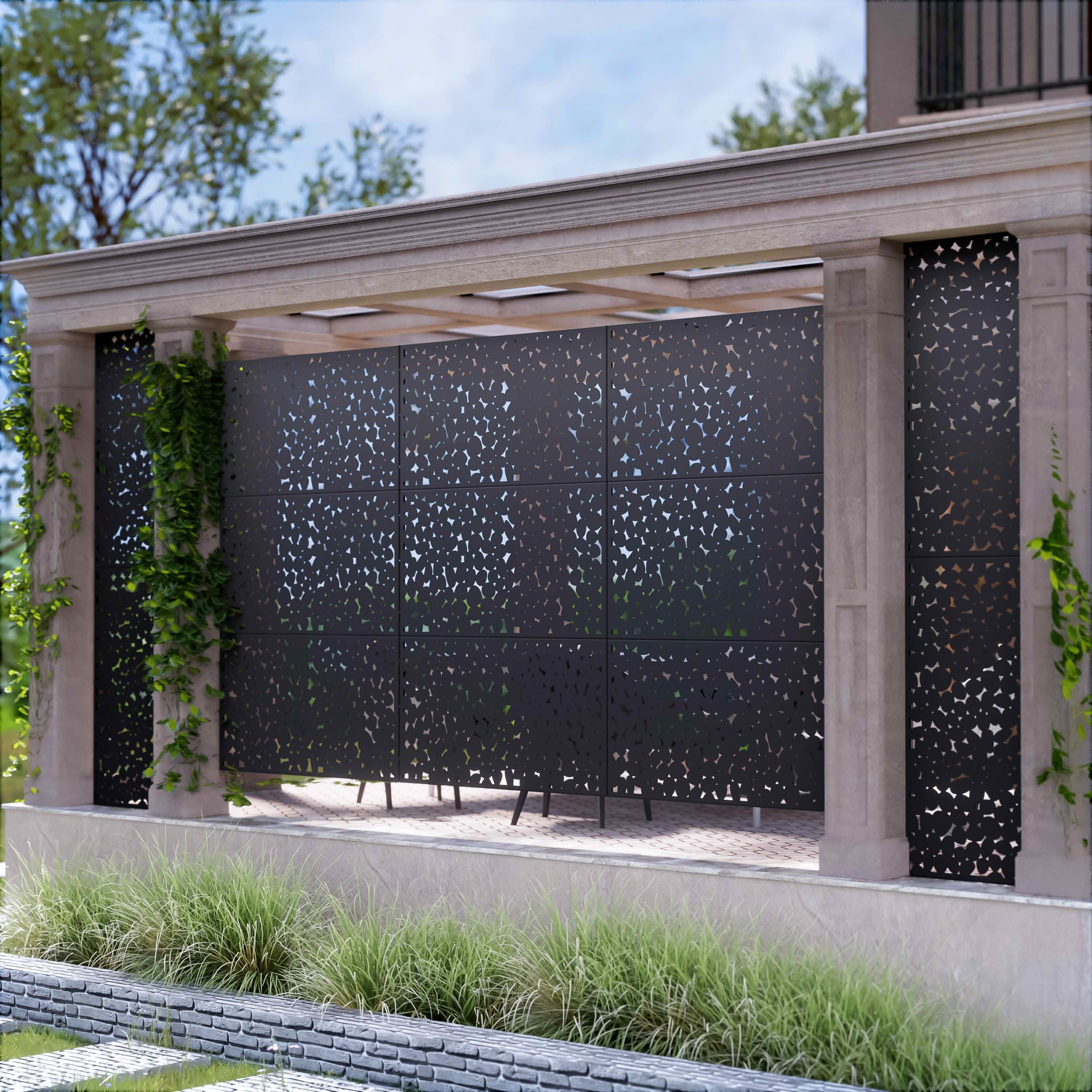 MAYEERTY 72x47x16 Inch Black Rain Stone Rectangular Galvanized Steel Privacy Screen, 3 Piece Set for Outdoor Garden