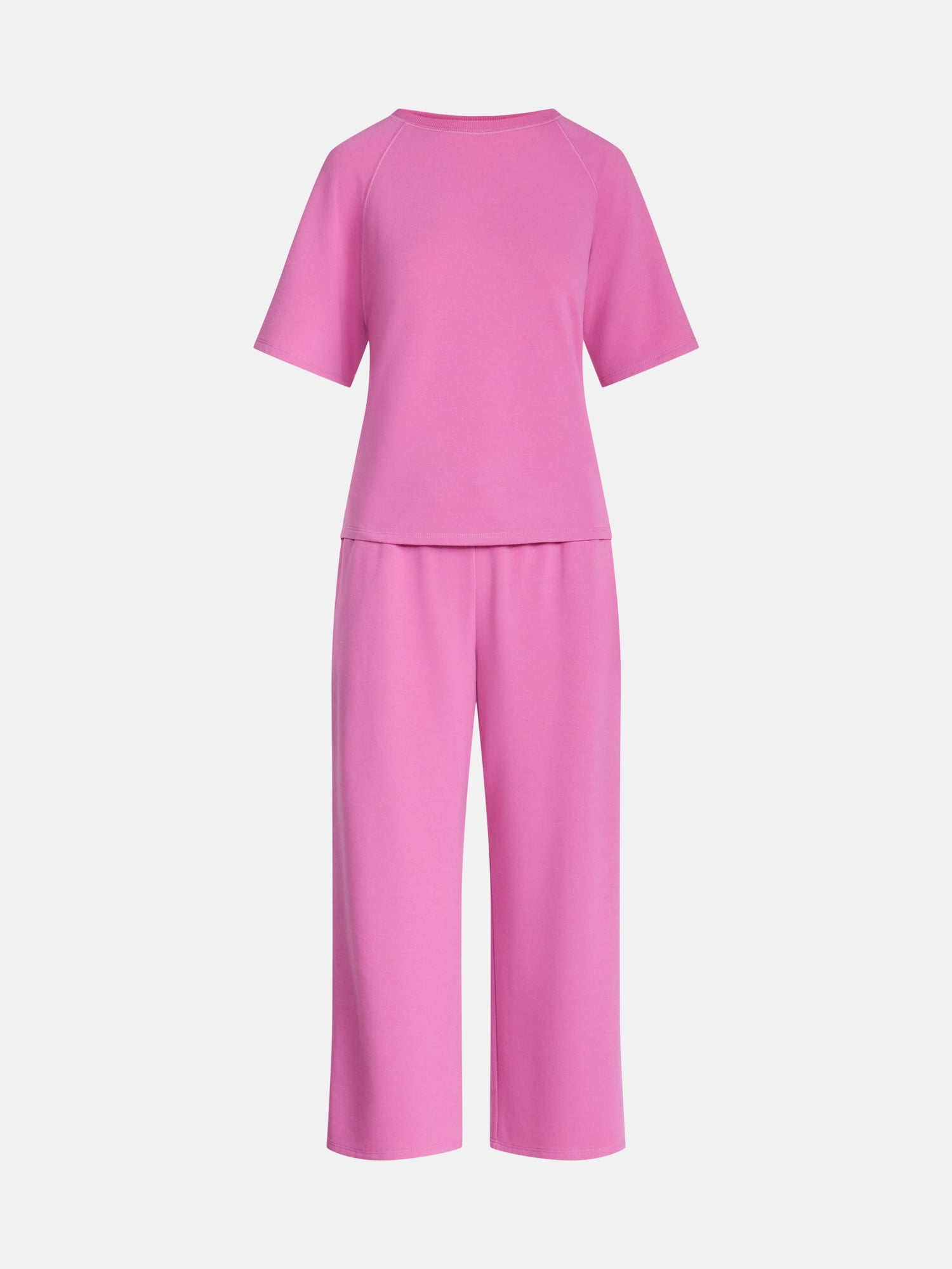 Joyspun Women's French Terry Lounge Sleep Short Sleeve Top and Capri Pants, 2-Piece Set, Sizes XS-3X