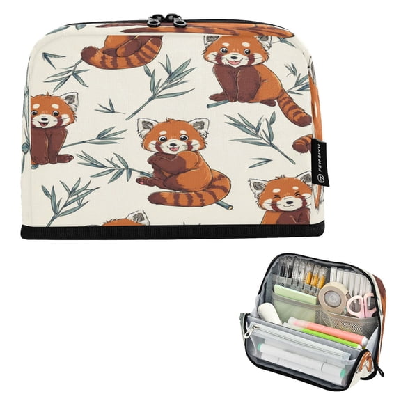 Standing Pencil Case with Base Large Capacity Stationery Pouch Pen Bag with Zipper for Women Men Red Panda Pattern
