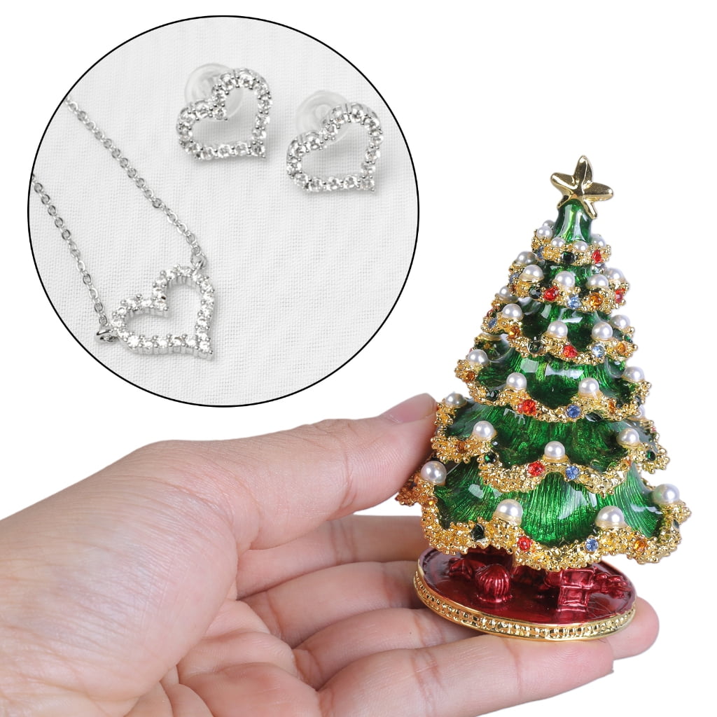 Oasiva Hand Painted Decorative Hinged Trinket Box Christmas Tree Jewelry Organizer