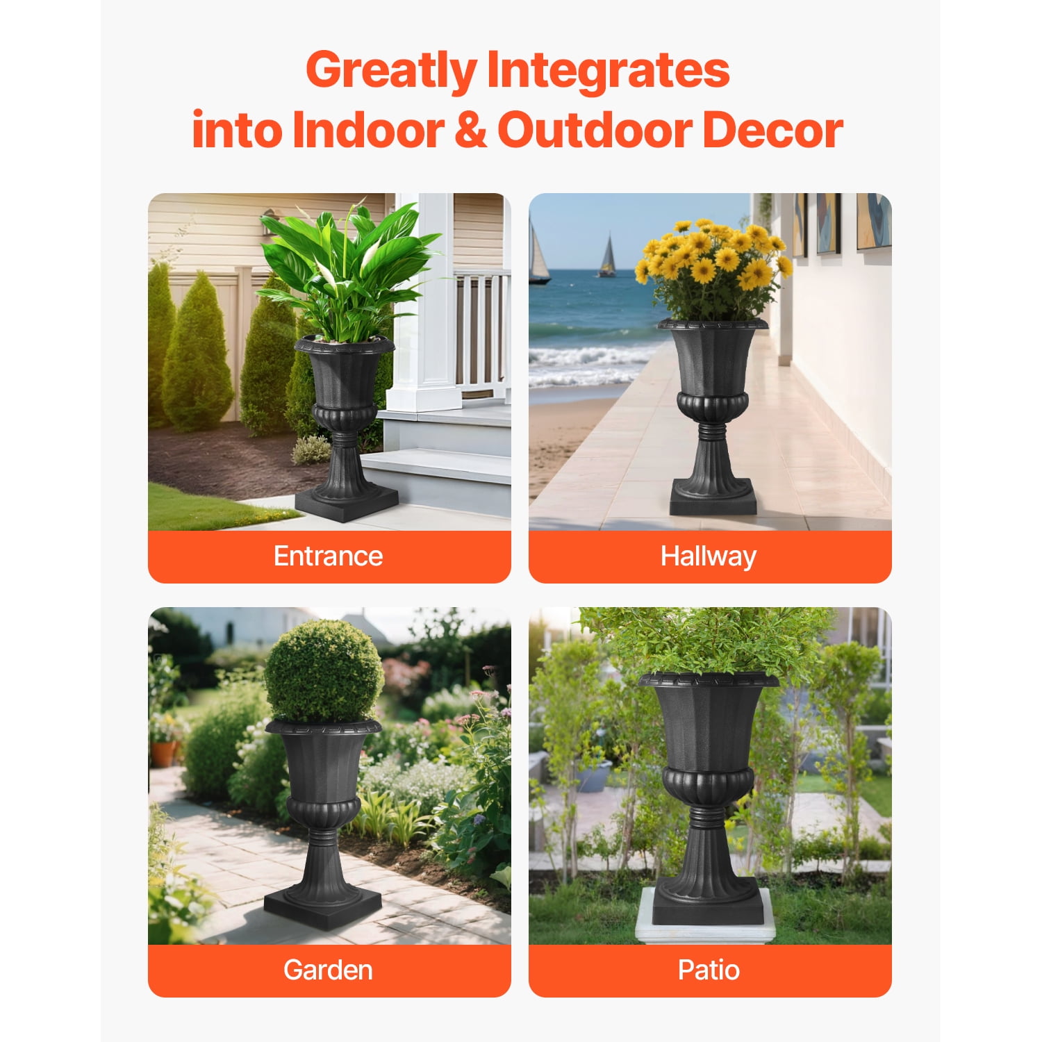 KFFKFF Plastic Urn Planters, 15.8 x 26.4 Inch, Set of 2 Black Decorative Flower Pots for Indoor & Outdoor Use, Ideal for Weddings, Events, Home, Garden, Balcony, Patio, and Porch Decoration