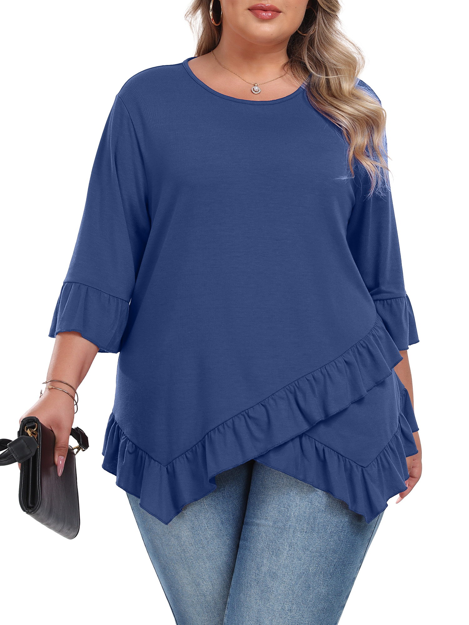 Gleelist Plus Size Tops For Womens Ruffled Hem Crew Neck T-Shirts Casual Flowy Blouses 3/4 Ruffle Sleeve XL-5XL