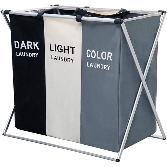 Collapsible Laundry Basket, 3-Compartment Freestanding Hamper/Sorter with Waterproof Oxford Bags and Aluminum Frame, Washing Clothes Storage for Home, Dormitary