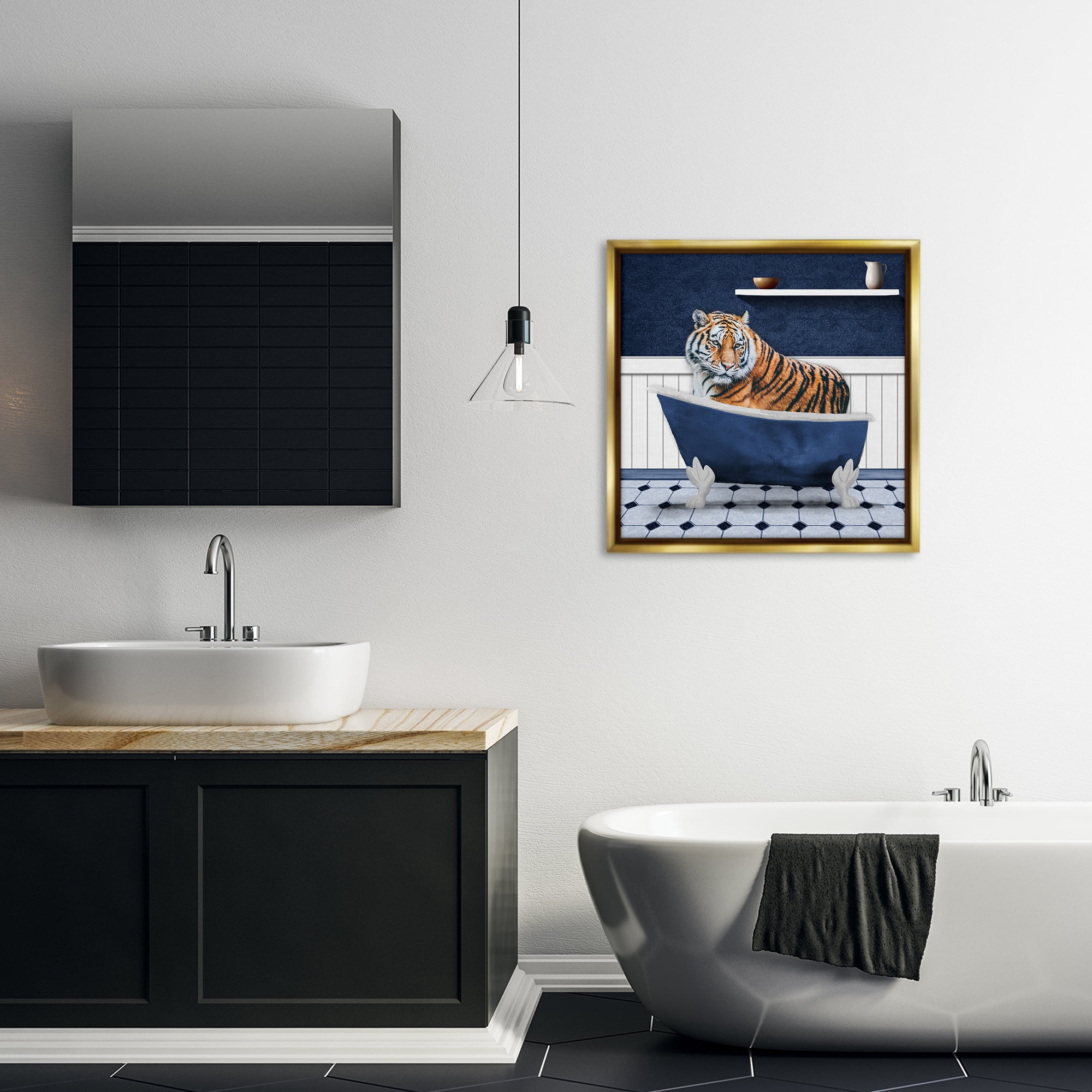 Stupell Industries Tiger in Blue Bathroom Bath & Laundry Painting Gold Floater Framed Canvas Art Print Wall Art, 25 x 25