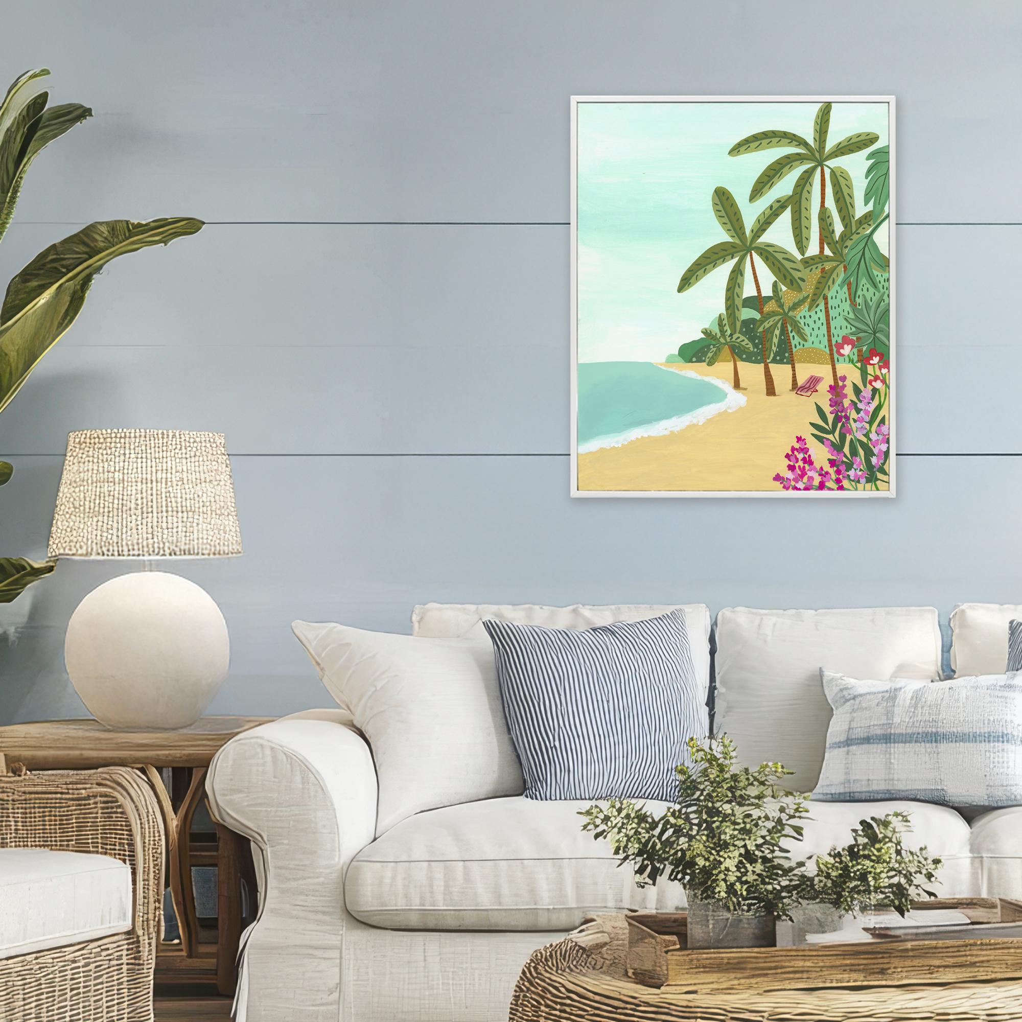 Palm Filled Shoreline White Framed Giclee Art, design by Nabeela Rumi