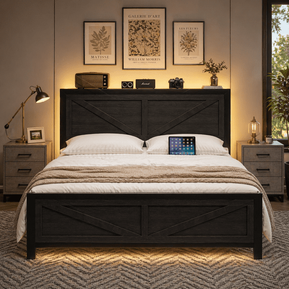 Queen Platform Bed Frame with LED Lights & USB Charging Station, Farmhouse Barn Door Headboard, Heavy Duty Metal Support, Noise Free, No Box Spring Required, Black