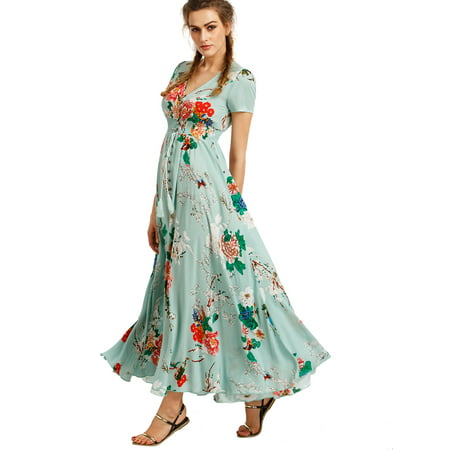 Light Green Flowy Summer dress, Women's Floral Print Long Maxi Dress ...