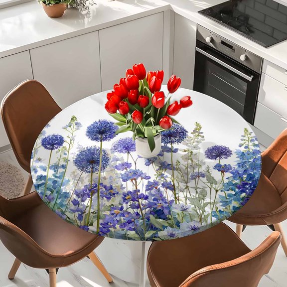 Spring Floral Botanical Elastic Fitted Round Tablecloth Country Watercolor Flowers Waterproof Outdoor Table Cover for Holiday Party, Picnic, Patio & Dining Fits Tables Up to 36"-44"