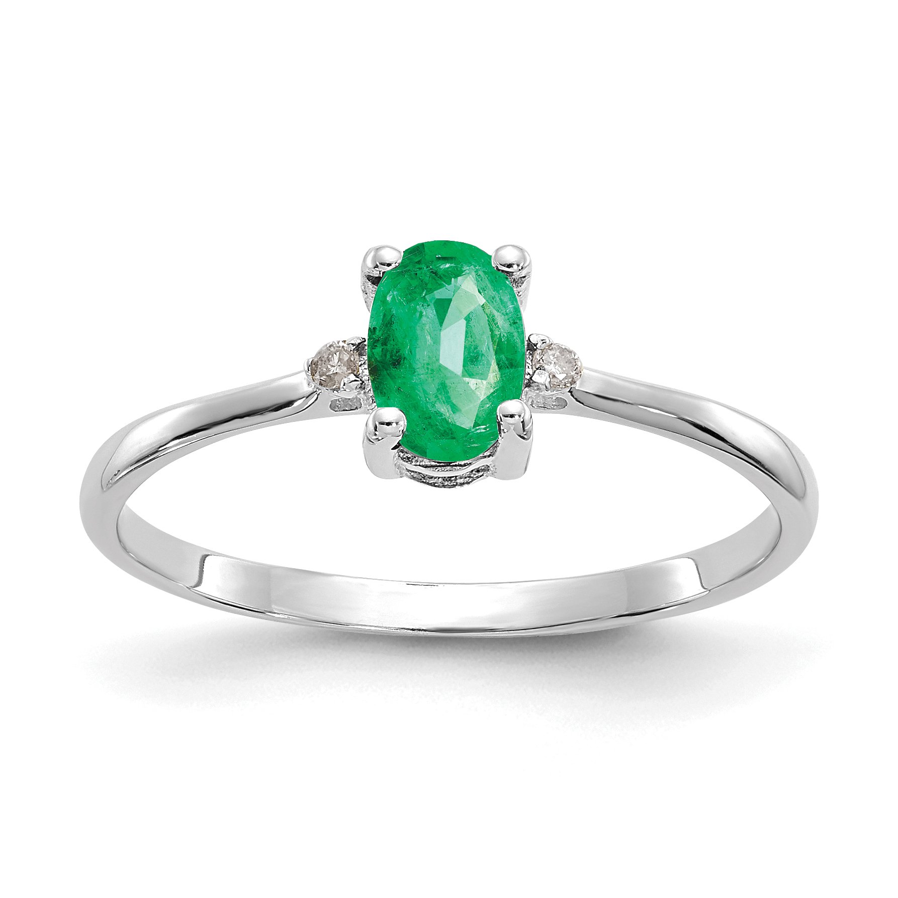 10k White Gold Diamond Green Emerald Birthstone Band Ring Size