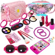 22PC Pretend Roleplay Makeup Kit with 2 Cosmetic Bags, Phone, Eyeshadow, Blush, Lipstick, Sunglasses for Children Kids Girls Ages 3+