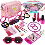 Kit de maquillage 22PC Pretend Roleplay avec 2 sacs à cosmétiques, téléphone, fard à paupières, fard à joues, rouge à lèvres, lunettes de soleil pour enfants filles à partir de 3 ans