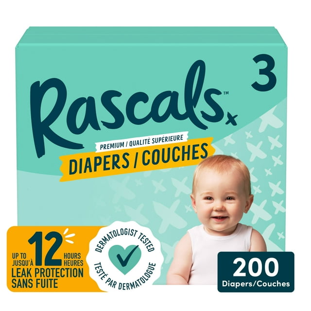 Rascals Premium Absorbent Baby Diapers, Size 3, Mega Carton, 200 Count