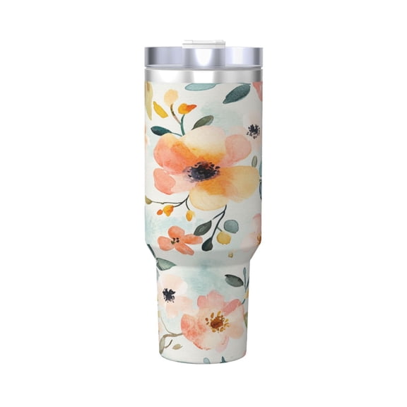 Style Watercolor Flowers Print Patterns Cup Insulated Tumbler Stainless Steel Vacuum Travel Mug 40 oz with Handle and Straw Lid