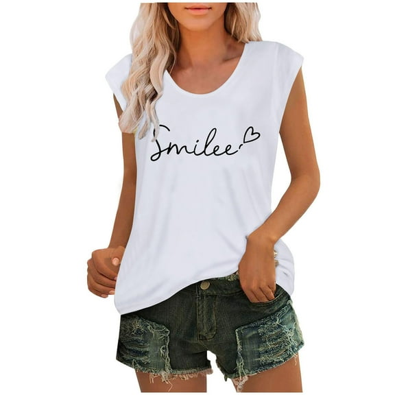 Summer Cute Tops for Women Trendy with Letter Print Casual Loose Fit Cap Sleeve Tanks Crew Neck Tees (XL, White)