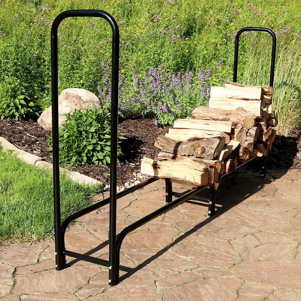 Sunnydaze Log Rack 8' Black Steel Outdoor Firewood Stacker Storage Holder