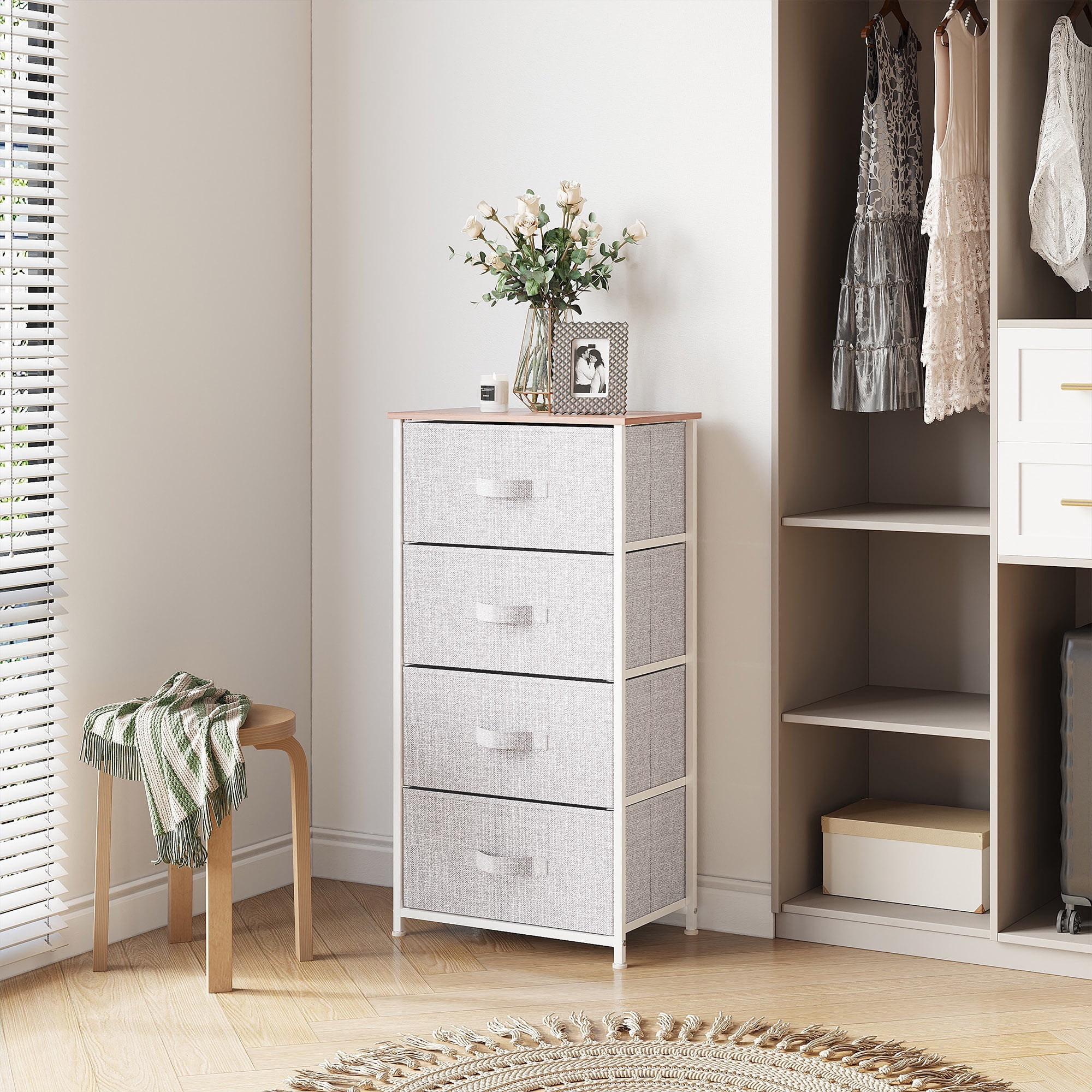 YINTATECH 4 Drawer Dresser Storage Unit Shelf Organizer Bins Chest Fabric Drawers, Light Gray"