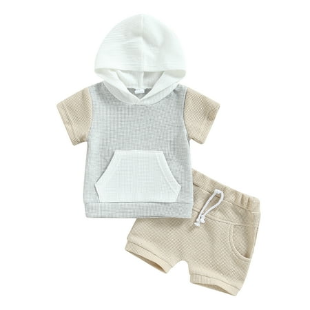 

Elippeo Toddler Baby 2Pcs Summer Outfits 6M 12M 18M 24M 3Y Short Sleeve Waffle Knit Pocket Hoodie + Shorts Set