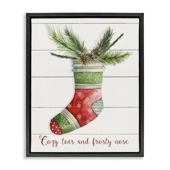 Stupell Industries Cozy Toes & Frosty Nose Holiday Painting Black Floater Framed Canvas Art Prints Wall Art, 17 x 21