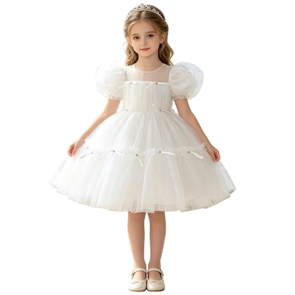 Curuila Toddler Child Girls Dress Puffy Sleeves Solid Color Crew Neck Soft Casual Dresses Size 3-4 Years