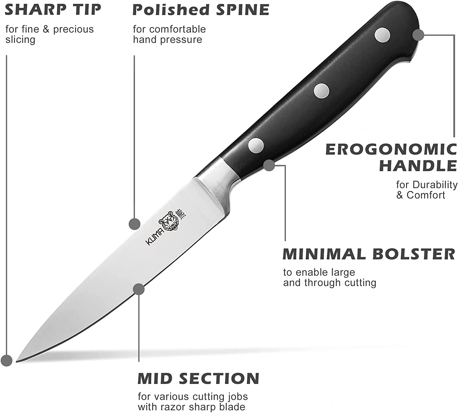KUMA Paring Knife Pro Bolster Stainless Steel Japanese Kitchen Knives