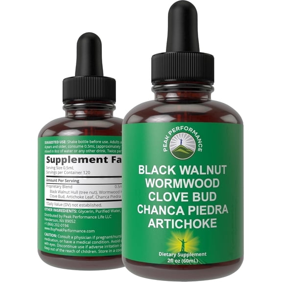 Wormwood Black Walnut Clove Cleanse For Humans. Elimination Detox   Intestinal Support Liquid Tincture Supplements. With Artichoke and Chanca Piedra for Additional Benefits