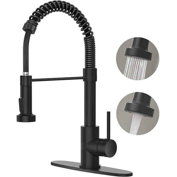 PHANCIR Grifo de Cocina Extraíble con Rociador Desplegable, Sola Manija de Resorte Comercial, Placa de Cubierta Ajustable para 1 o 3 Agujeros, Color Negro Mate para Fregadero