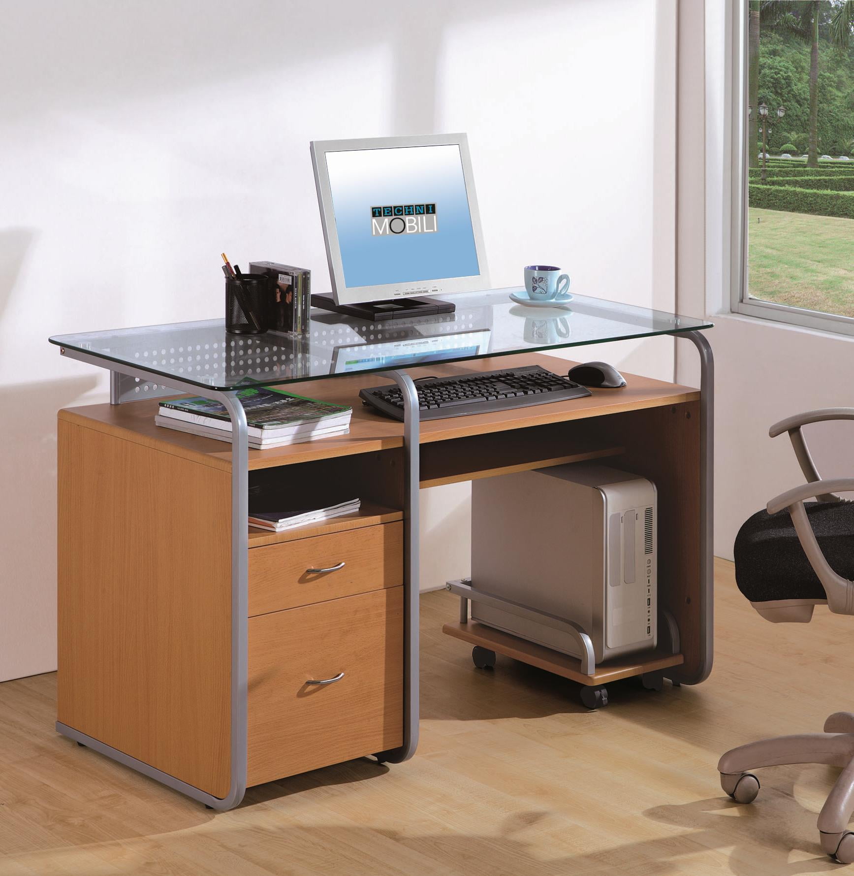 Techni Mobili Kieran Glass Top Wood Computer Desk In Dark Honey Techni Mobili Kieran Glass Top Wood Computer Desk In Dark Honey Com