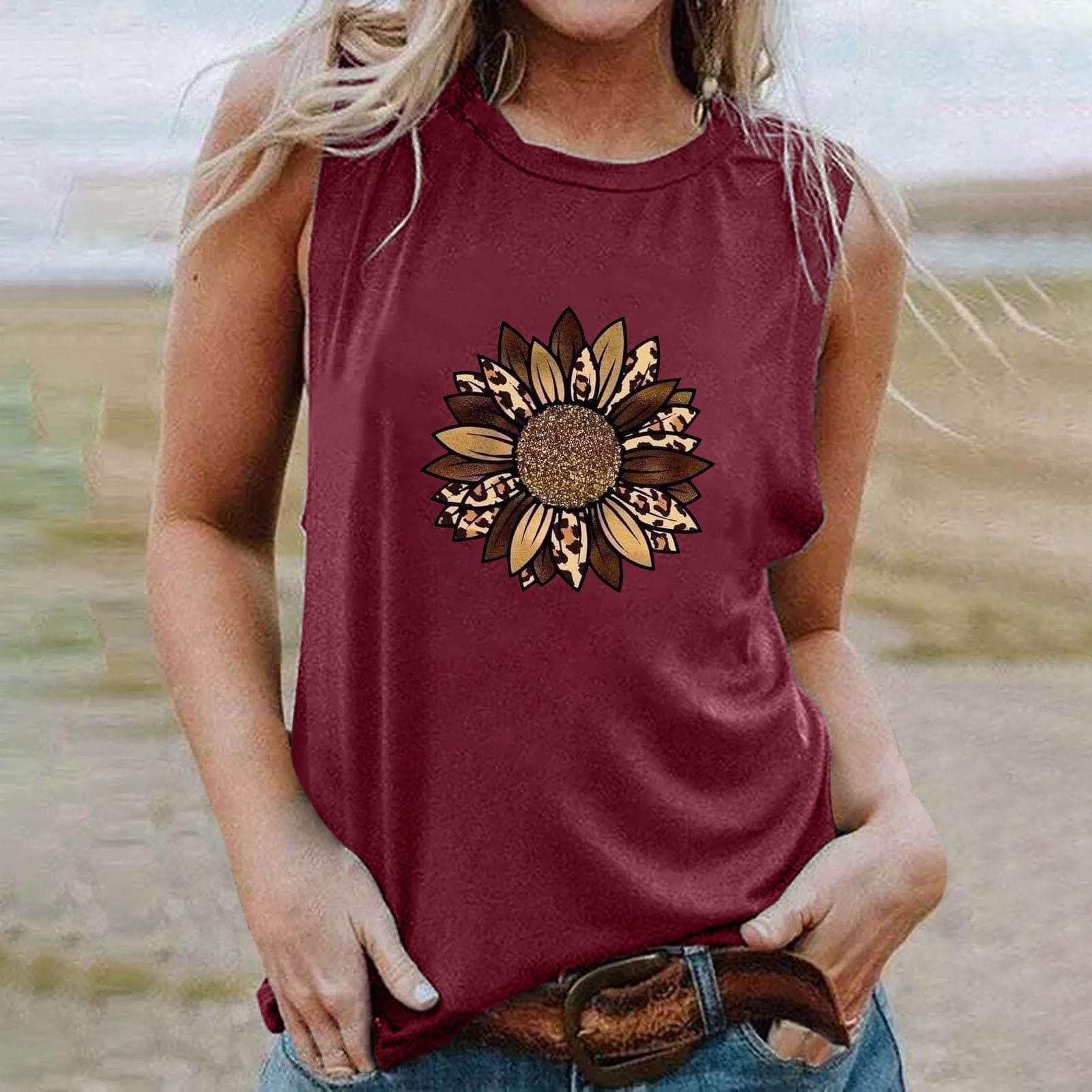 Daisyyozoid Nouveautés Hauts pour Femmes Joyeuses Pâques Col Rond Imprimé Décontracté Ample Chandail Sans Manches T-shirt