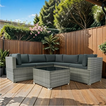 Spaco 6 Pieces PE Rattan sectional Outdoor Furniture Cushioned Sofa set Grey Wicker, Dark Grey Cushion