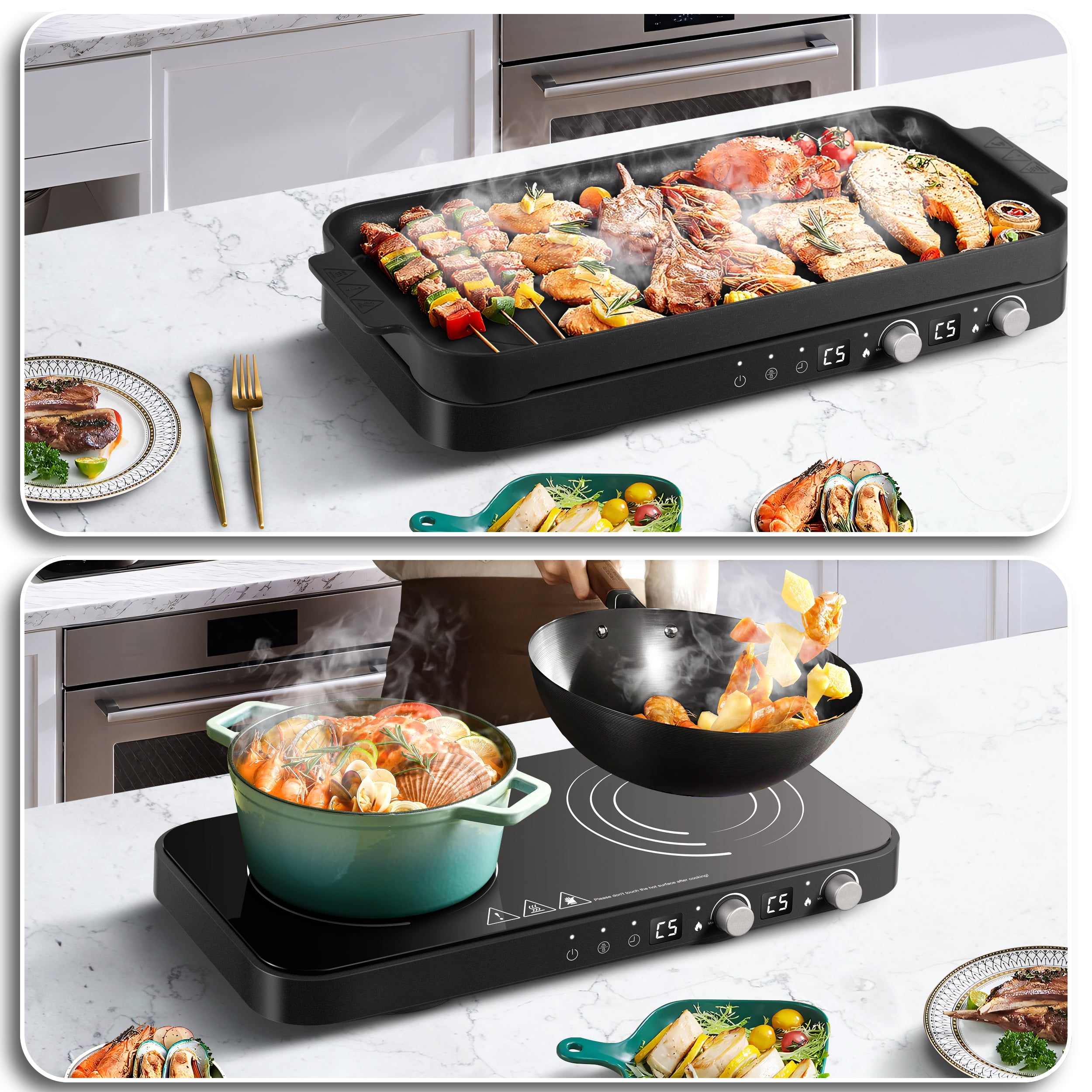 Sunmaki Portable Double Induction Cooktop with Removable Griddle Pan Non-stick, 1800W 2 burner Induction Hot Plate With Sensor Touch 9 Power Levels, 99 Min Timer,Great for Family Party
